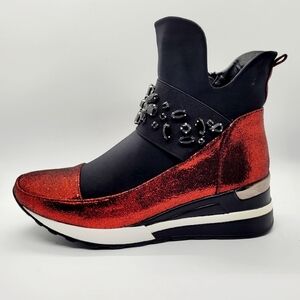 NEW Red & Black Metallic Rhinestone Embellished Hi-Top Wedge Sneaker Sz 7